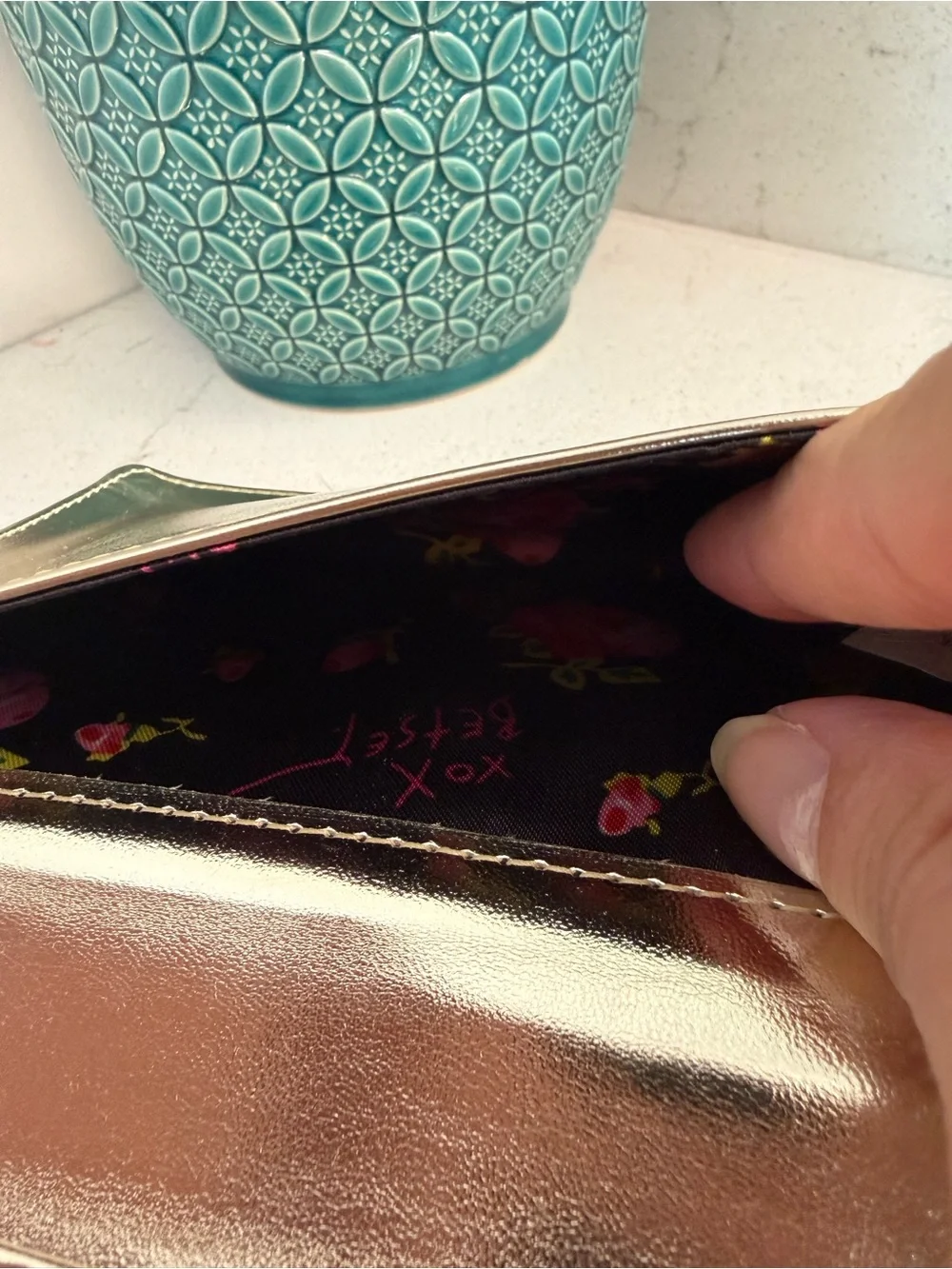 Betsey Johnson Multicolor Glitter Heart Clutch with Gold Chain